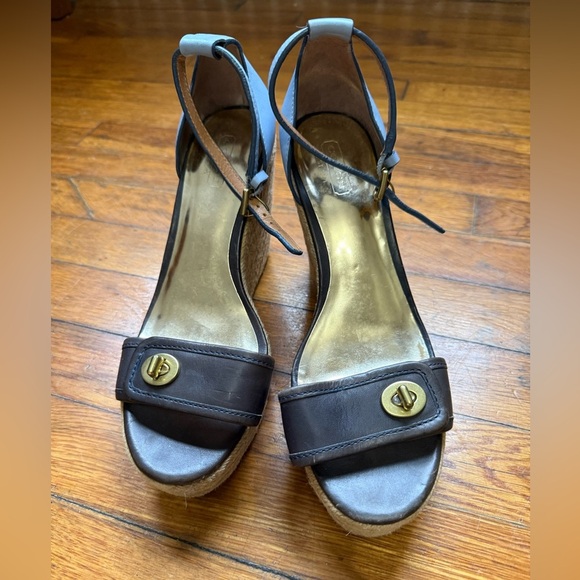 Coach Shoes - Brown Leather Wedge Sandals with Ankle Strap